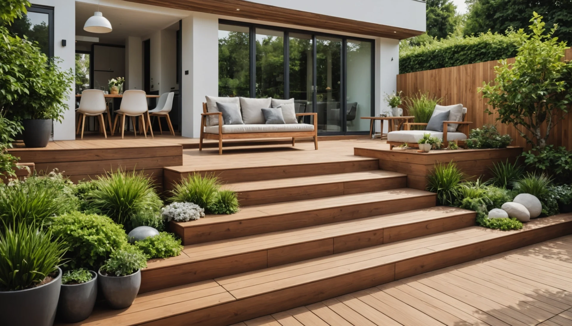 terrasse avec escaliers vers le jardin